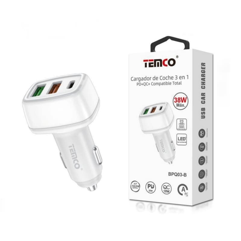 Carregador de Carro 3 em 1 PD+QC 38W