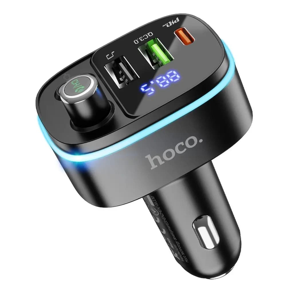 Transmissor Bluetooth Carro Hoco E62 - 2x USB A + USB-C QC3.0 PD 20W Preto — image 1