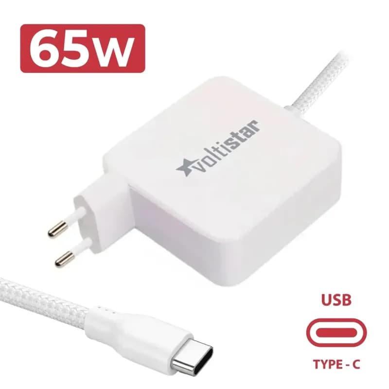 Cargador Multivoltaje USB-C 5V-20V 65W Branco com Cable Trenzado — image 1